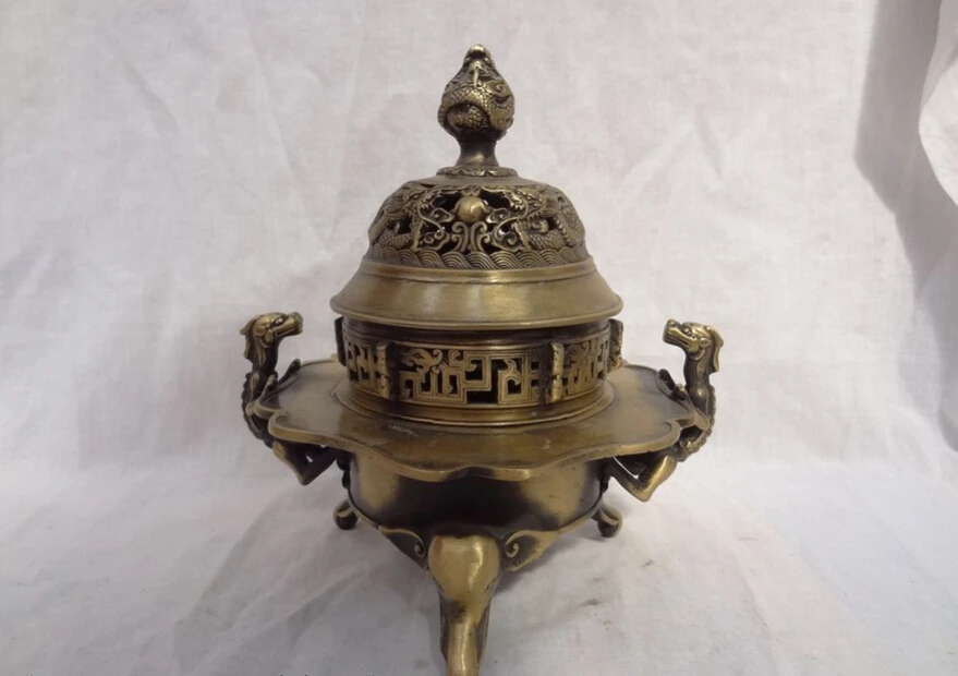 

S4763 Tibet Buddhist Bronze Dragon Head Statue Unicron Elephant Incense Burner Censer D0317