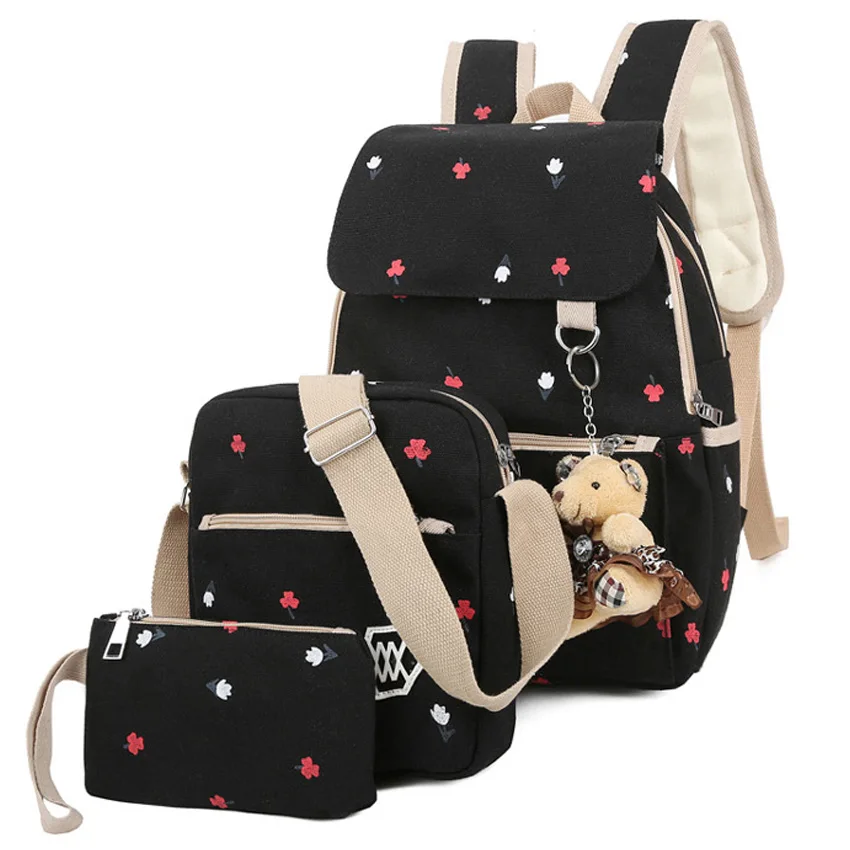 3PCS Lot Fashion Floral Painting Design Women Backpack Durable Canvas Backpack School Bag With Little Bear
