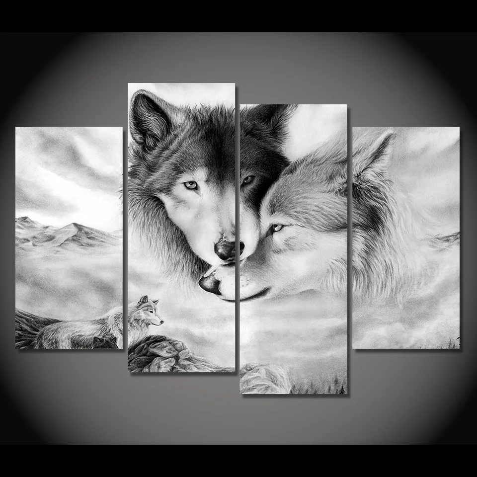 HD Printed Modern Canvas Living Room Pictures 4 Panel Wolves Snuggle Together Frame Painting Wall Art Modular Poster Home Decor