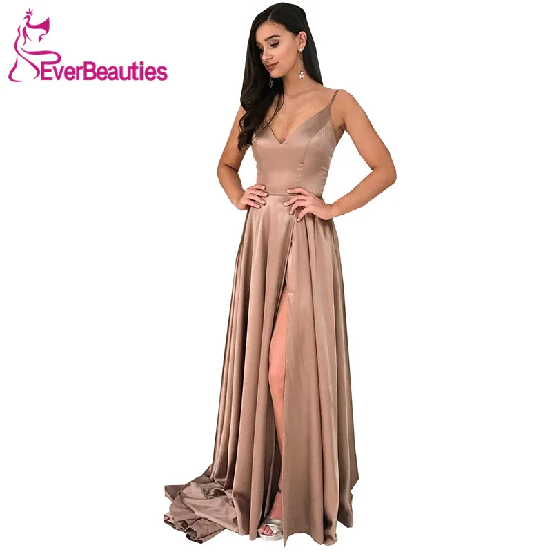 

Robe De Soiree Evening Dress Long 2019 Satin V-Neck Evening Gowns Spaghetti Straps High Side Slit Vestido De Festa Longo