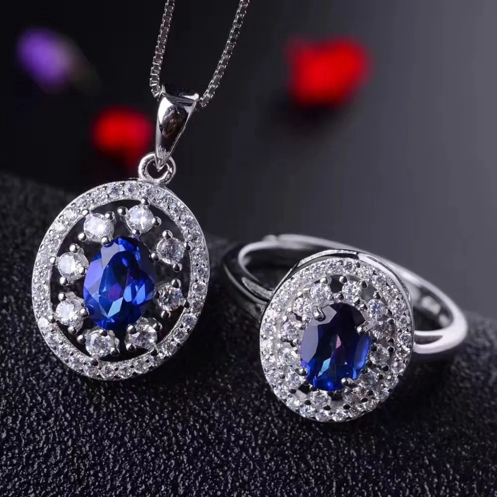 

MeiBaPJ 925 Pure Silver Jewelry Set Natural Tanzania Blue Topaz Necklace and Ring Fine Party Jewelry for Women