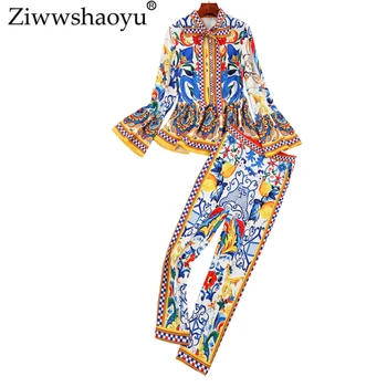 

Ziwwshaoyu Autumn Designer Set Suit Women's High Quality Full Sleeve Blue Porcelain Printed Ruffle Blouse + Skinny Pant Suit