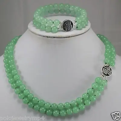 

FREE SHIPPING>>@> Jewelry 2 Rows 8mm Green Jade Necklace Bracelet Set AAA 18K GP Plated gold Bridal wide watch wings queen JEWE