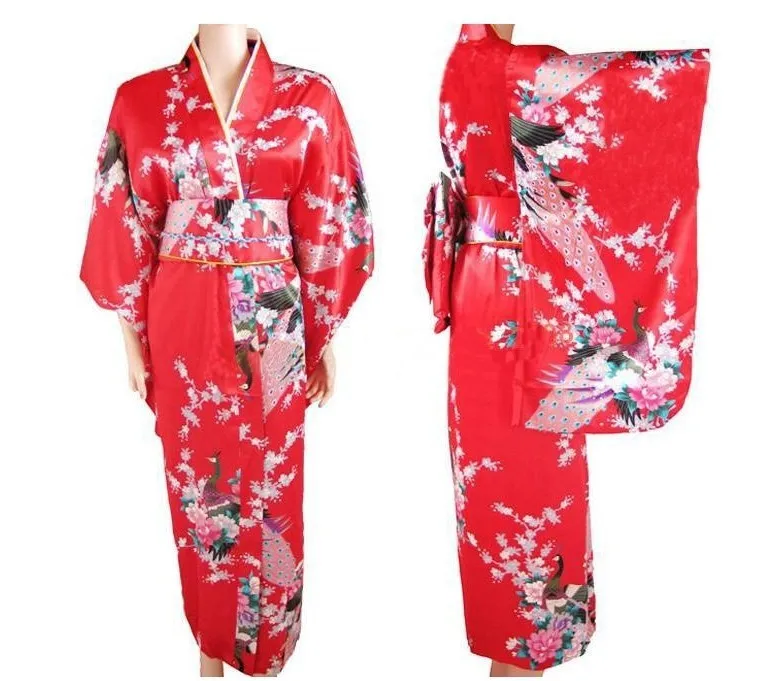 Японский Для женщин шелковый атлас кимоно вечернее платье юката Цветы одного размера, H007