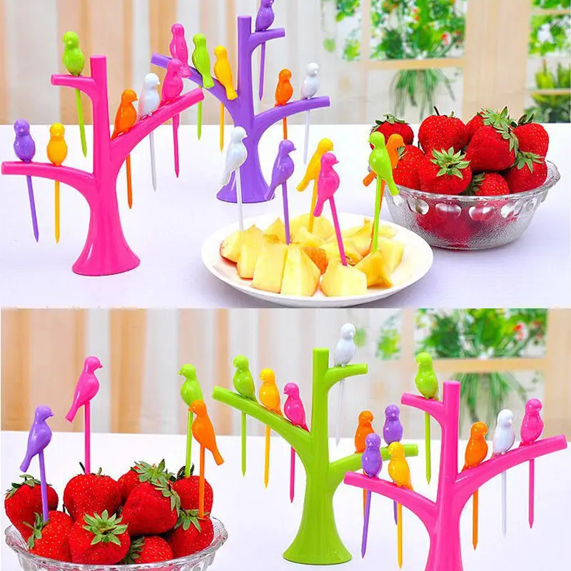 

6PCS/Set Colorful Tableware Tree Birds Rainbow Plastic Fruit Forks Set Party Dessert Cake Fruit Picks Forks Kitchen Accessories