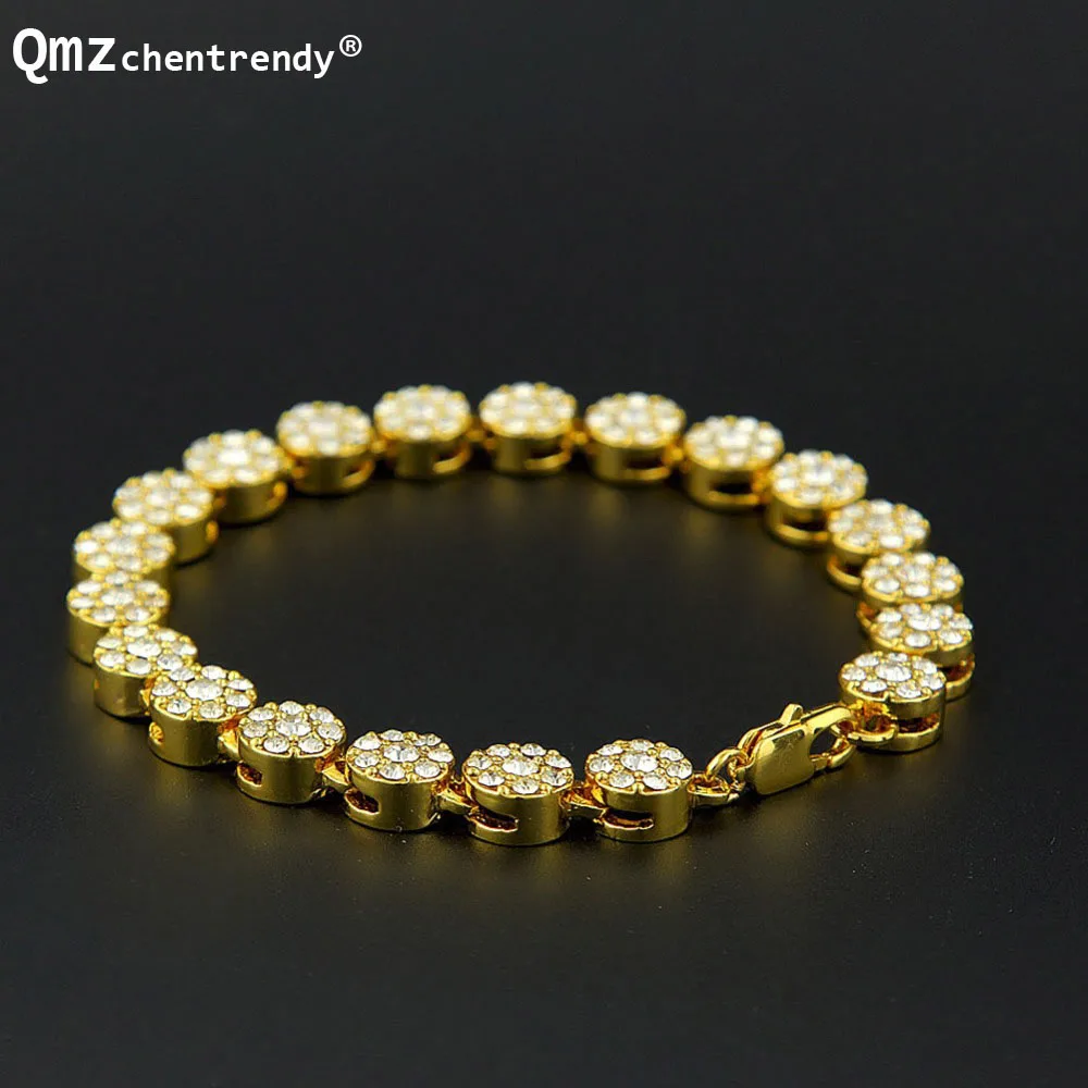 

Cute Hip Hop Bling Gold Silver Bling 1 Row Iced Out Circle Round CZ Chain Bracelets Hip Hop Simulated Gemstone Luxury BangleS