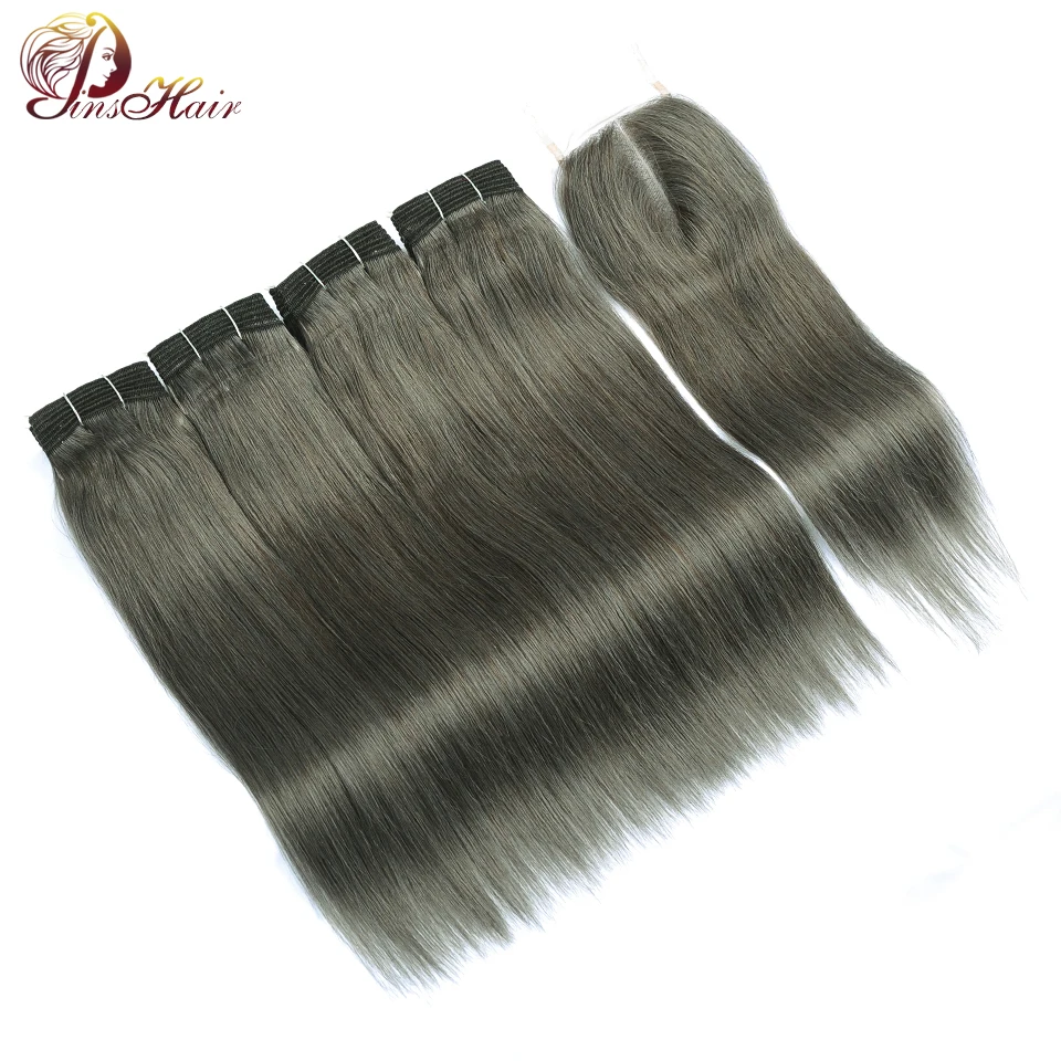 

Lilen Gray Hair 4 Bundles Peruvian Straight Hair With Closure Brown Human Hair Weave Grey Bundles With Closure Pinshair Nonremy