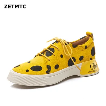 

2019 women brand shoes waterproof wedges Wave point lace up lady horse hair genuine leather round toe increased platform shoes