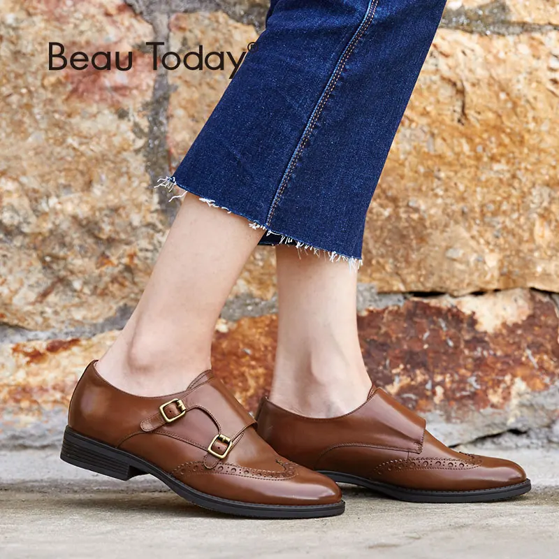 Туфли BeauToday Monk женские из натуральной телячьей кожи с круглым носком на плоской
