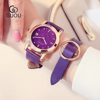 

Kobiet zegarka Fashion brand GUOU Ladies Watch quartz watch waterproof leather Women Watches Send gift bracelet Relogio Feminino