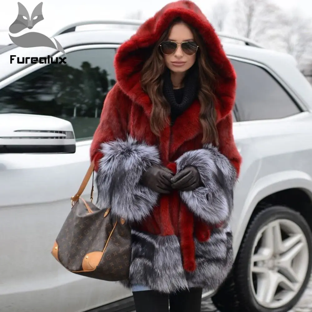 

Furealux Real Mink Fur Coat With Hood Mink Fur Jackets Silver Fox Fur Hem and Cuff Warm Winter Outerwear Wholesale Prmotion