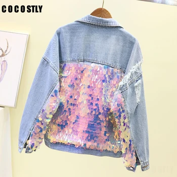 

Green Sequins Coat Women Denim Jacket Autumn 2019 Sequins Holes Cowboy Short Jacket Loose Long-sleeved Studded Jackets Student