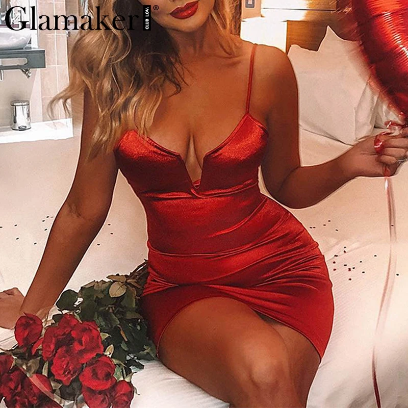 

Glamaker Satin bodycon V neck women dress Summer party elegant female spring short black dress Club sexy fitness mini sundress