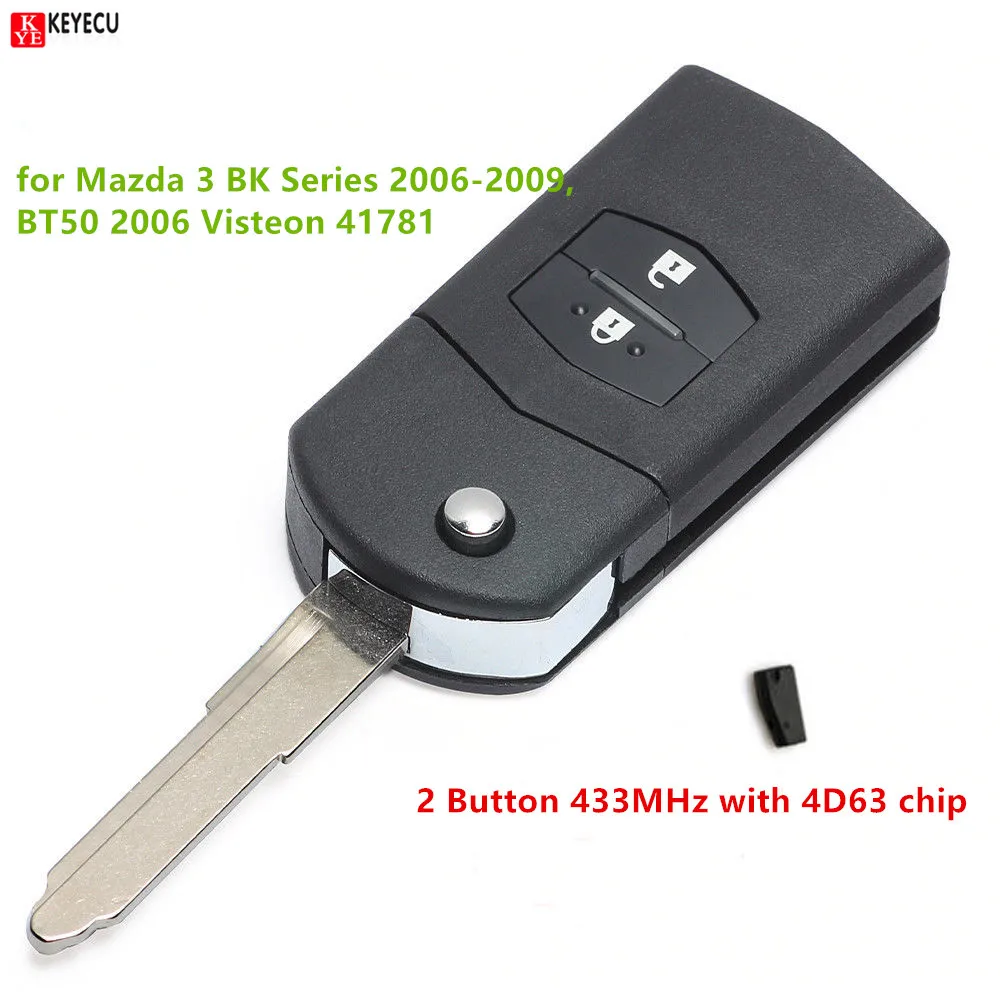 Keyecu 2 Button 433MHz 4D63 Upgraded Flip Remote Car Key Fob for Mazda 3 BK Series 2006 2009