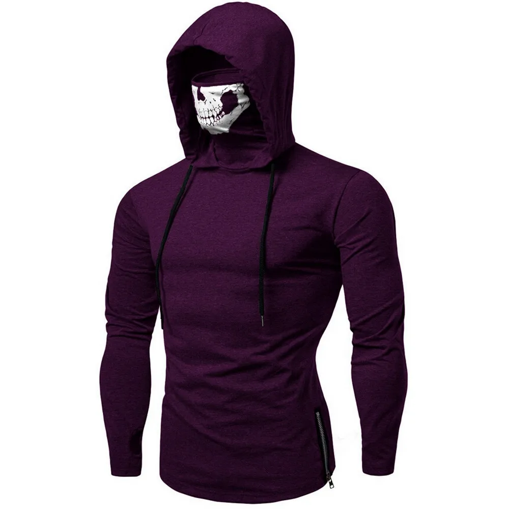 Hot Sale Hoodies Sweatshirt Men's Clothing Mask Skull Pure Color Pullover Tops Casual Loose 