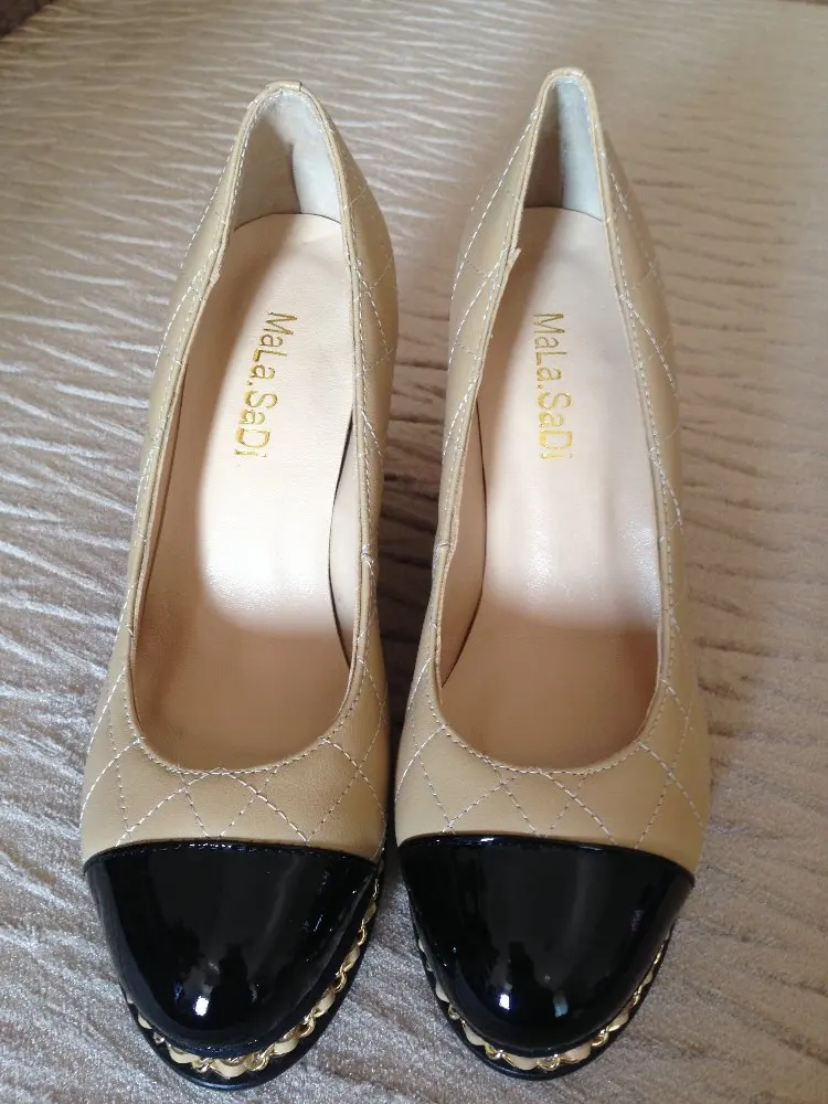 Fashion Women Office Lady Pumps Ling Genuine Leather High Heels Wedges Gold Color Chain Round Toe Shoes Size 35-40 Fashion Women Office Lady Pumps Ling Genuine Leather High Heels Wedges Gold Color Chain Round Toe Shoes Size 35-40