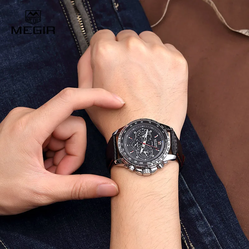 Бренд Megir представляет водонепроницаемые модные световые кварцевые часы для мужчин свободного покроя, кожаные часы, водонепроницаемые наручные часы для мужчин 1010