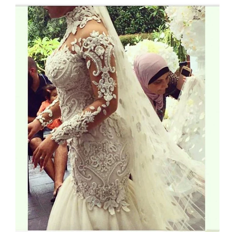 Винтаж Аппликации кружево халат де mariée Длинные рукава высокий воротник мусульманское свадебное платье индивидуальный заказ Vestidos Noiva