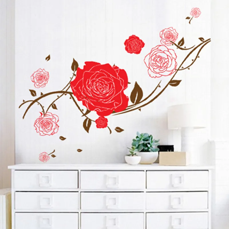 Beautiful barbed red rose flower vine wall stickers love home living