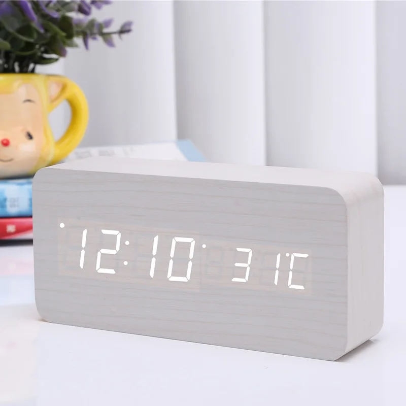 

Newly LED Digital Alarm Clock Wooden Wireless Charging Charger Thermometer Sound Control TE889