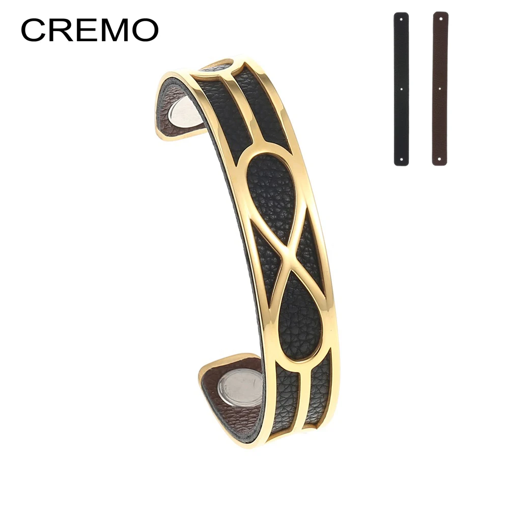 

Cremo Infinite Stainless Steel Bracelets For Women Bijoux Manchette Gold bangle Interchangeable Reversible Leather Pulseiras