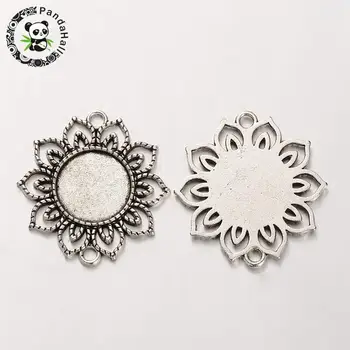 

Tibetan Style Alloy Flower Cabochon Connector Bezel Settings, 1/1Loop, Antique Silver, Flat Round Tray: 18mm; 39x35x2mm,Hole:3mm