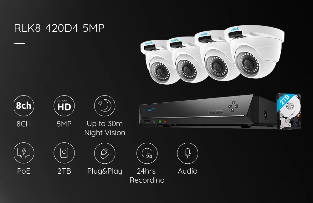 Reolink RLK8-420D4-5MP система камеры 8ch PoE NVR и 4 ip-камеры с питанием по PoE Bullet Открытый HD комплект видеонаблюдения встроенный 2 ТБ HDD