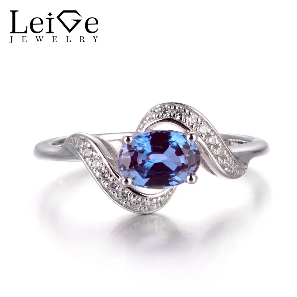 LeiGe Jewelry Unique Cocktail Party Rings Alexandrite Rings June Birthstone Color Changing Gemstone Rings 925 Sterling Silver