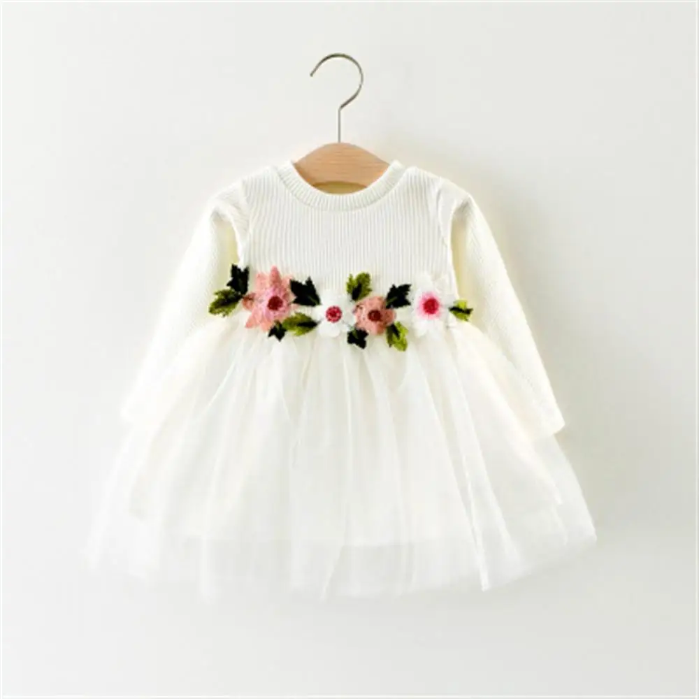 Платье для малышей с длинным рукавом, с круглым вырезом, цветочным принтом новорожденный принцесса Платье для первого дня рождения Новинка весны Осенняя одежда для маленьких девочек