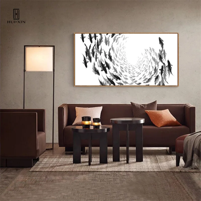 HD Painting with Chinese Waterink Style Fish in Incomplete Circle Expressing Ancient Eastern Wisdom Modern Minimalism for Decor