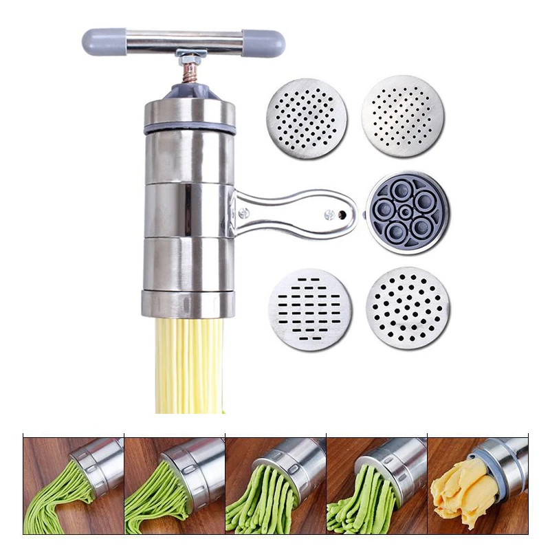 

Stainless Steel Manual Pasta Maker Noodle Making Machine Spaghetti Press Including 5 Different Molds Kitchen Gadgets Accessories