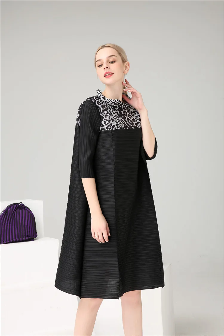 photo color Miyake модное складное платье с коротким рукавом Пэчворк с воротником-стойкой платье доступно - Цвет: photo color