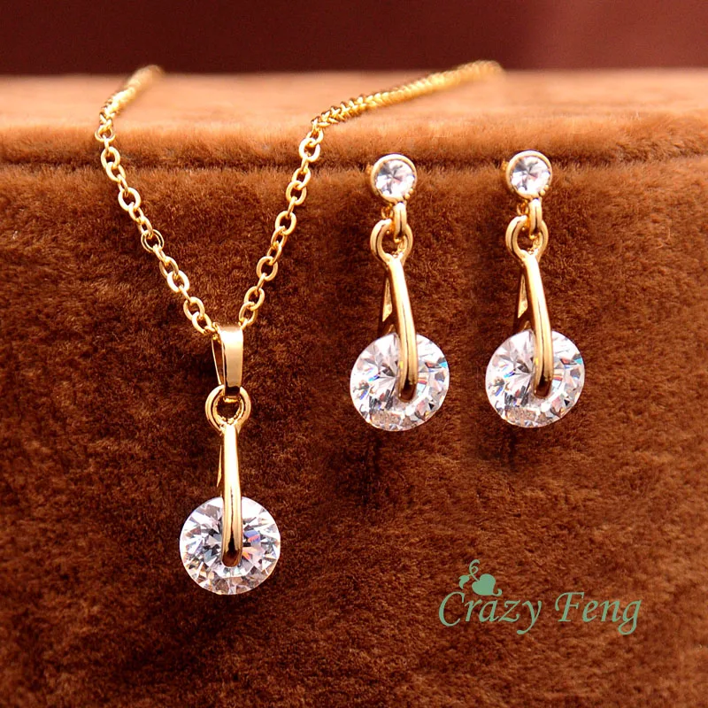 

Valentine's Gift Gold Color Chain CZ Crystal Pendant Choker Necklace Drop Earrings Jewelry Set for Women Wedding Jewelry Sets