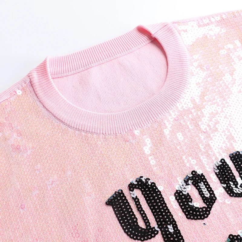 Lettere 2019 Testa Top Pesante Manica Nuove Maglia Donne Della Rotondo Colore Camicia Sottile Paillettes Corta Rosa Splicing Maglieria Molla Industria Collo EHqwYY