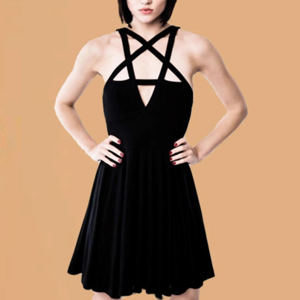 Темная одежда гот мода платье темно синий Sukienka Criss Cross Star Бандажное халат Femme Ete 2019