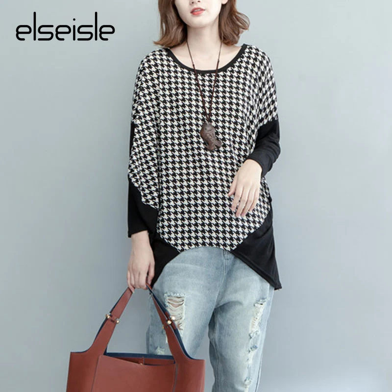 

elseisle Female crop top Sweatshirt harajuku for women black oversize Sweatshirt jersey women Houndstooth long sleeve sweatshirt