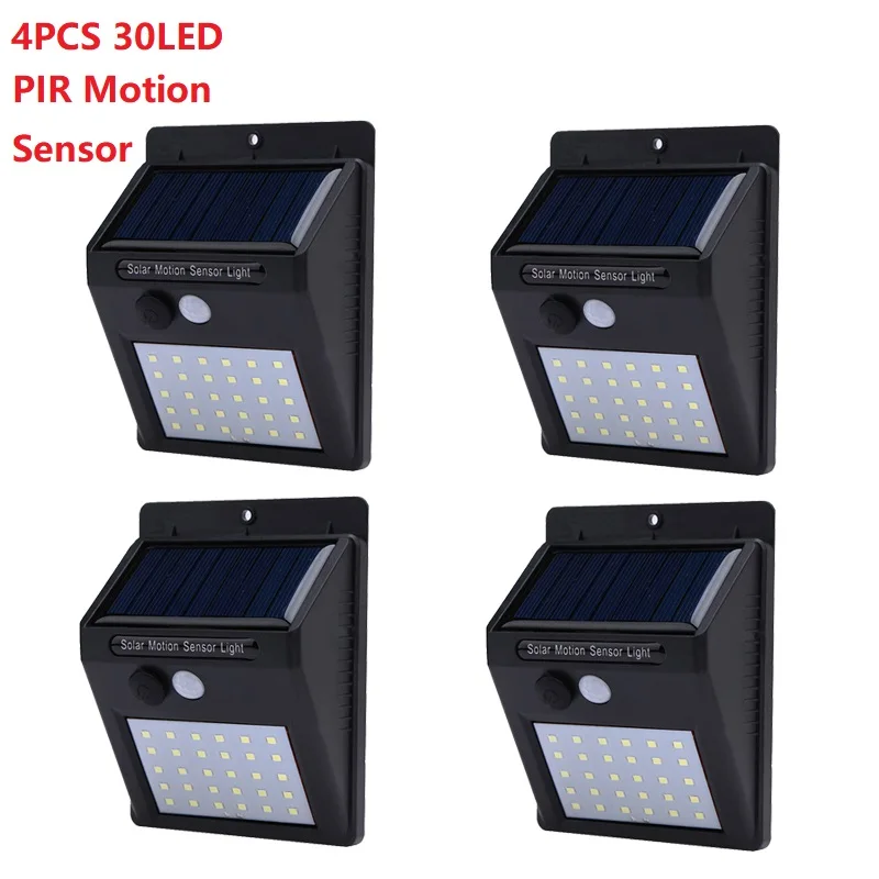 4pcs 30LED 1/4 шт. 20/30 светодиодный солнечный светильник движения PIR Сенсор Перезаряжаемые светодиодный настенный светильник на солнечных батареях на открытом воздухе Водонепроницаемый шланг для полива огорода, двора, светильник - Испускаемый цвет: 4pcs 30LED