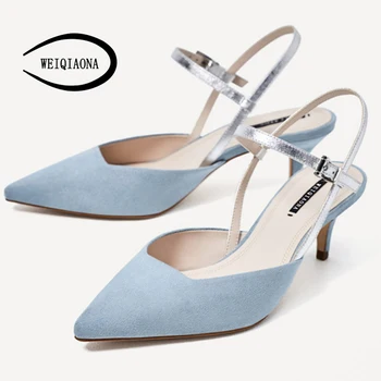 

WEIQIAONA 2019 New Sky Blue Women Shoes Low Heels Pumps Fashion Sandals Buckle Strap Ladies Shoes Party Shoes Brand Design