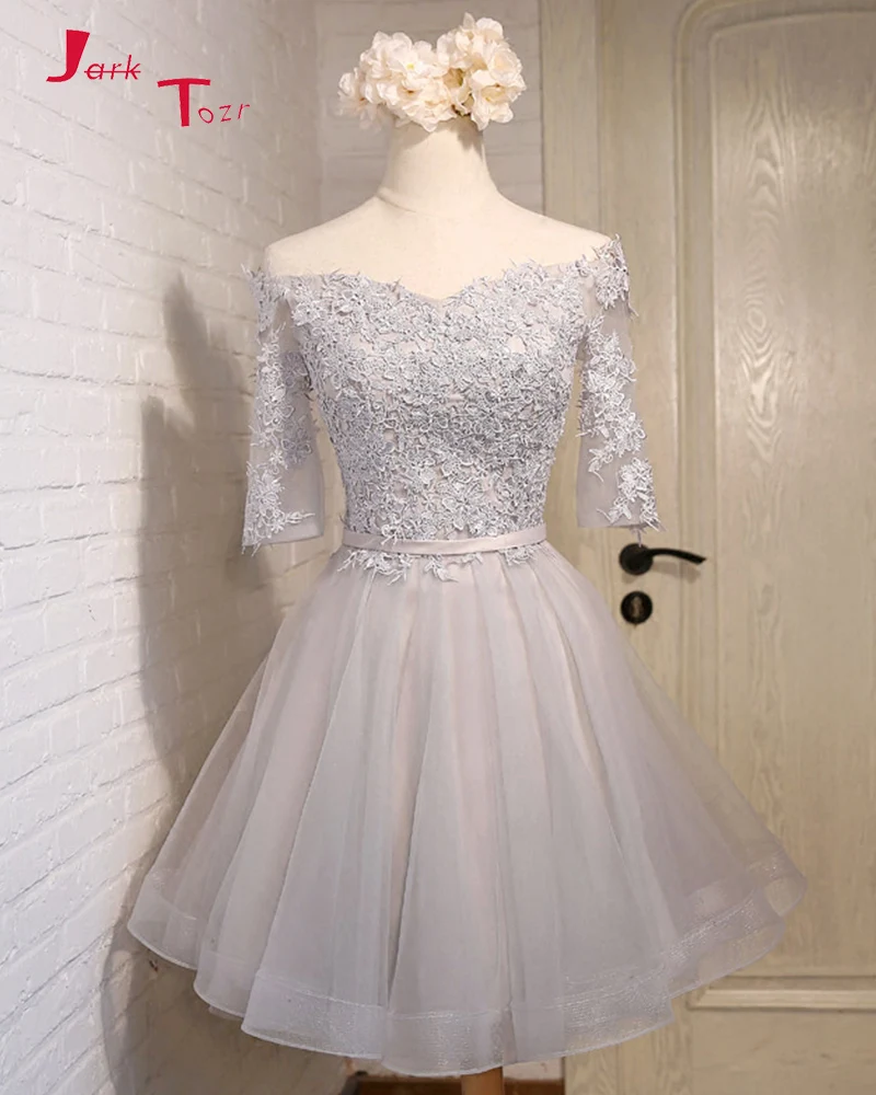 

Jark Tozr Custom Made Grey Short Gown Vestido Branco Curto 2019 Off The Shoulder Three Quarter Sleeve Mini Homecoming Dresses