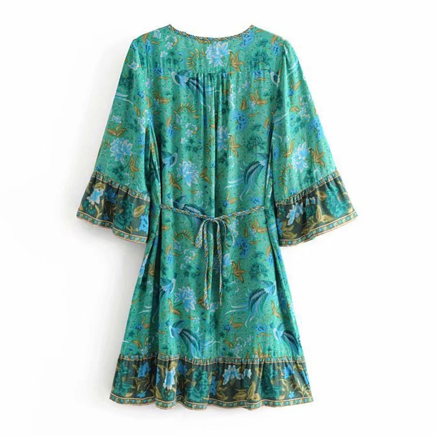 TEELYNN мини платья для женщин с расклешенными рукавами Зеленый Малахит BOHO