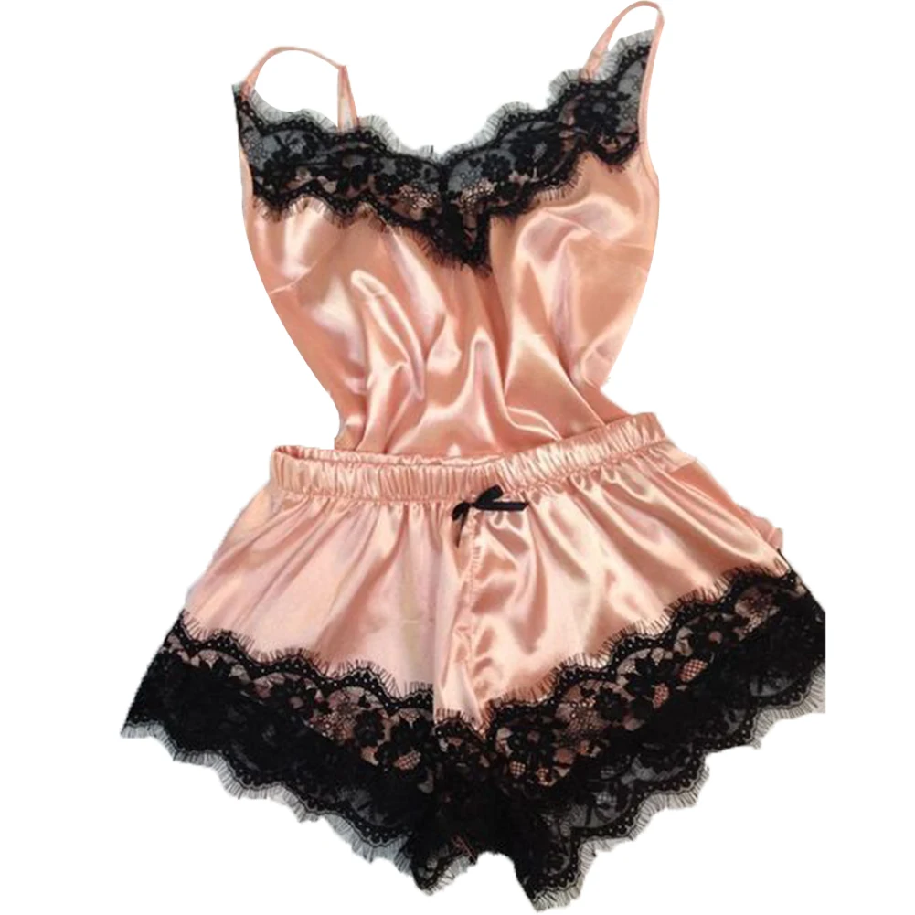 

Women Sexy V Neck Sleepwear Lace Nightwear Set Pajamas Sling Satin Top Shorts