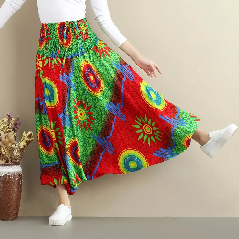 

LZJN Nepal Style Baggy Pants Women Long Trousers High Elastic Waist Flower Cross Pants Very Soft Casual Bottom for Women MF-63