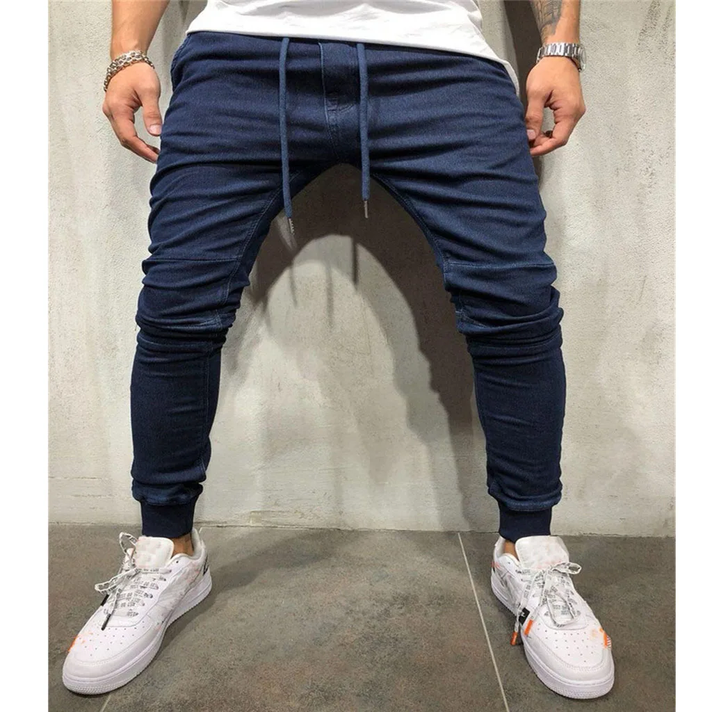 

2019 Summer Men's Comfortable Pants Casual Polyester Breathable Long Lace-up Denim Trousers Plus Size L612