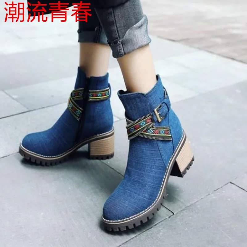 

New Europe and America Rome Frenulum boots Waterproof Denim Short boots Autumn Winter Women Boots size 34-39