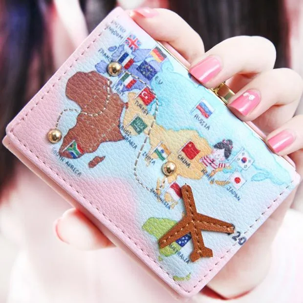 

Hot New Fashion Design Women Wallet Interesting Map Ladies Purse Hit color Splice Zipper Short Clutch Coin Purse Card Holder