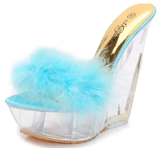 Женские шлепанцы на очень высоком каблуке 14 см с толстой подошвой прозрачная обувь с кристаллами особой формы платформа каблук - Цвет: Небесно-голубой