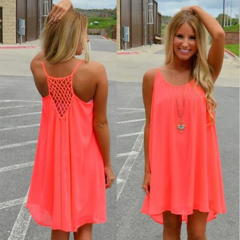 

Women beach summer sundresses chiffon women dress plus size 2019 sleeveless loose fashion solid color halter mini dress