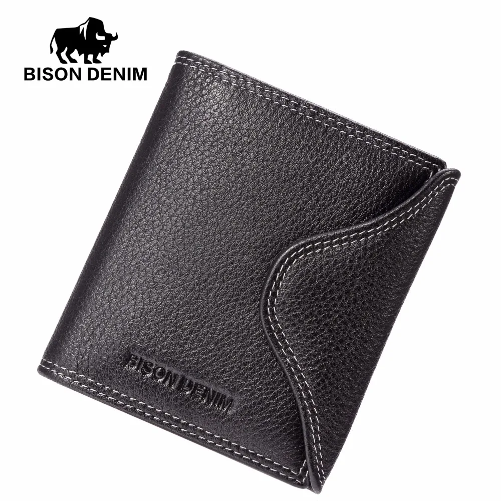 

BISON DENIM High Quality Causal genuine leather guarantee black Wallets Pouch Short wallet for men leather Card Holder W9352-1B
