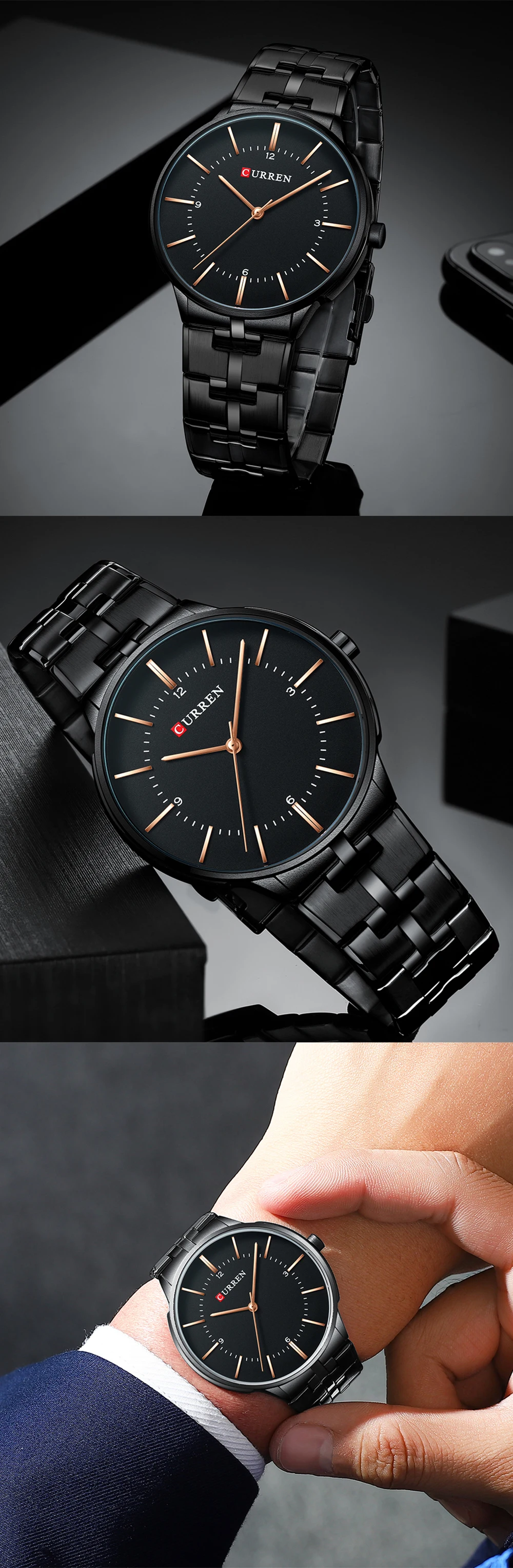 Топ бренд CURREN Роскошные Кварцевые часы для мужчин наручные часы классический черный ремешок из нержавеющей стали мужские часы водонепроницаемые 30 м