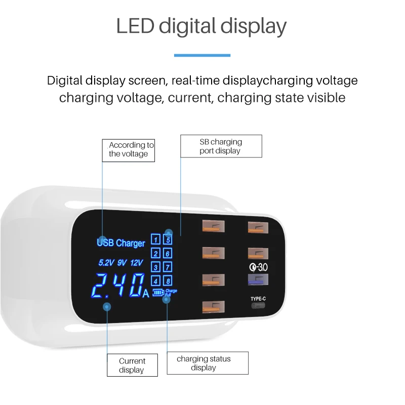 Высокоскоростной зарядная станция 6-портовое USB+ 1 QC3.0 Быстрая зарядка+ 1Type-C зарядное устройство с Интеллектуальное обнаружение Быстрый USB док-станция для зарядки
